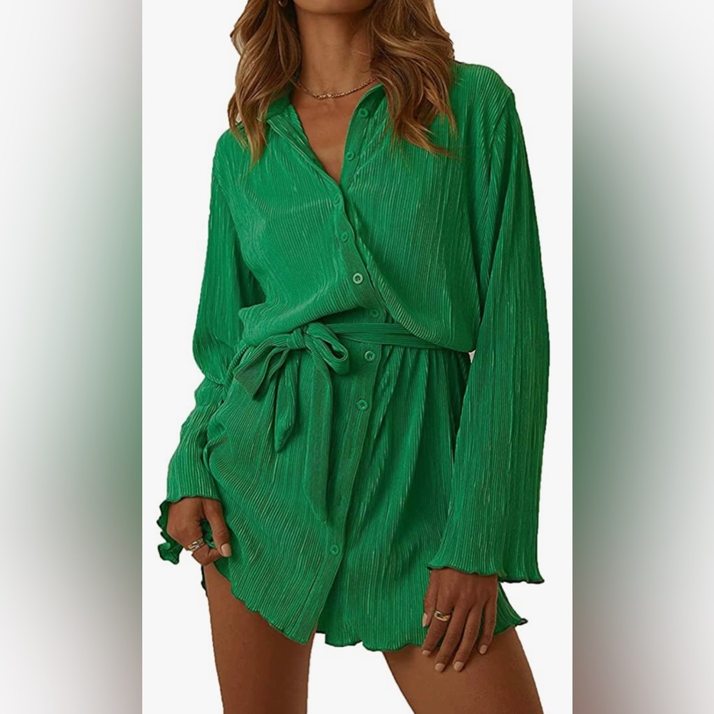 ABYOVRT Women’s Belted Shirt Dress - Green (L)